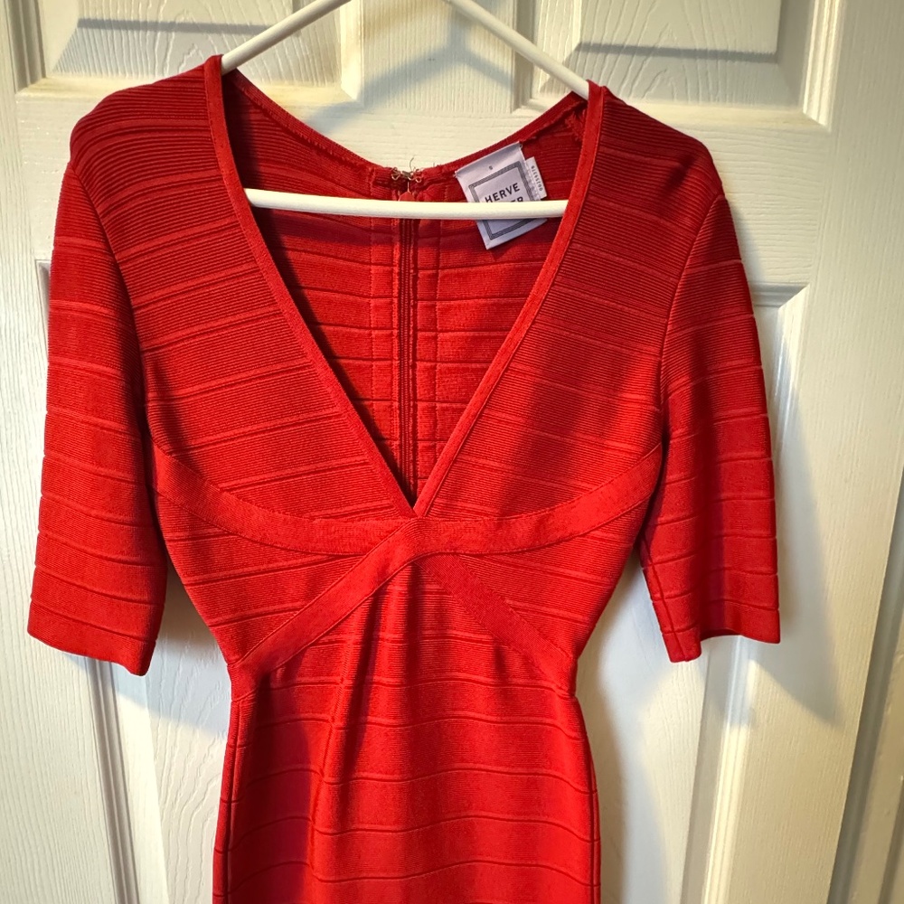 Hervé Léger Andrea V-Neck Bandage Mini Cocktail Dress Lipstick Red Women's sz S